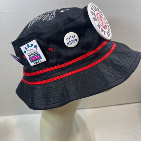 VTG Black "Retired but Rehired" Black Retirement Cotton Pail Hat 7 Pins XL - Picture 3 of 10